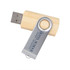 A metal swivel flash drive with a wooden body, featuring a logo on the metal part.