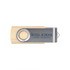 A metal swivel wooden flash drive featuring a silver metal section and a natural wood finish, with a logo.