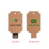 A promotional eco-friendly flash drive in brown, featuring logos on both sides and a USB connector.