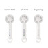 A portable handheld fan in white with three different branding options: screen print, UV print, and engraving.