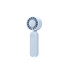 A foldable handheld fan in light blue with a circular fan head and a button on the handle. It features a logo.