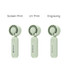 A foldable handheld fan in light green with three branding options: screen print, UV print, and engraving.