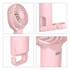 A pink handheld fan with a 180° adjustable angle, featuring a logo and a hook for easy holding.