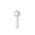 A mini handheld fan in white with a circular grille and a simple button design. It features a logo on the body.
