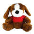 A brown plush dog with floppy ears wearing a red shirt, seated and looking forward. It has a soft, fluffy texture.