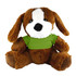 A brown plush dog wearing a green shirt, with floppy ears and a soft, cuddly body.