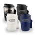 A collection of double wall coffee mugs in black, white, navy, and silver, featuring a logo on each.