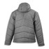 A grey puffer jacket with a hood, featuring a chevron quilted design on the back. It has a logo.