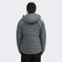 A grey women's puffer jacket with a hood, featuring a quilted design and a logo on the back.