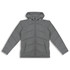 A grey puffer jacket with a hood, featuring a front zip and two side pockets. Includes a branding logo.