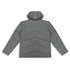 A grey women's puffer jacket with a hood and quilted design, featuring long sleeves and a logo.