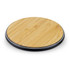 A round, bamboo wireless fast charger with a sleek black base.