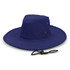 A navy blue wide brim hat with eyelets and a drawstring adjustment. It has a structured crown and a wide brim.