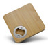 A drink bottle opener coaster in a square shape, featuring a bamboo finish and a metal bottle opener.