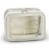 A cream cosmetic bag with transparent sides, featuring a zipper closure and a simple interior design.