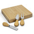 A square bamboo cheese board with three cheese utensils featuring bamboo handles and stainless steel blades.