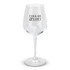 A clear wine glass with a tapered bowl and a long stem, featuring a logo on the front.