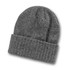A grey beanie with a ribbed fold-over cuff, featuring a logo on the side.
