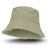 A raw edge bucket hat in a soft green colour, featuring a frayed brim and a simple design.