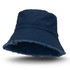 A navy blue raw edge bucket hat featuring a frayed brim and a simple logo.