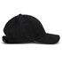 A black six-panel cap featuring a curved brim and an adjustable strap at the back. It has a simple logo.