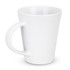 A white coffee mug with a curved handle and a smooth surface; it features a logo.