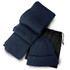A navy ribbed scarf and beanie set, packaged with a black drawstring bag.