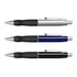 A set of three metal pens in silver, blue, and black with rubber grips and metal accents. Each pen has a logo.