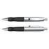 A metal pen in silver and black, featuring a sleek design with a grip and a clip. It has a logo on the side.