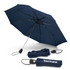 A navy blue umbrella with a silver frame, featuring a logo, and a compact carry case.