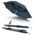 A dark teal umbrella with a silver handle, featuring a branding logo and a compact design for storage.