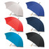 A selection of six umbrellas in white, blue, red, navy, teal, and black, featuring wooden handles.