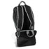 A foldable backpack in black with grey straps and a front pocket, featuring a logo on the side.