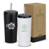 A drink bottle set featuring a black and a white vacuum tumbler, each with a straw and logos, packaged in a box.