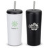 A drink bottle featuring a white exterior with a logo and a black exterior with a floral design, both with straws.