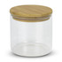 A large round storage canister made of clear glass with a bamboo lid.
