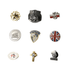 A collection of custom enamel lapel pins in gold, silver, and various colours, featuring different designs and logos.