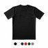 A black short-sleeved T-shirt with a round neckline featuring a logo. Available in multiple colours below.