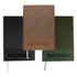 A set of three notebooks in black, khaki, and green, each with a branding logo and textured covers.