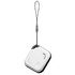 A square Bluetooth tracker in black and white with a loop for attachment. It features a small logo on the surface.