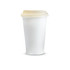 A white compostable paper coffee cup with a cream-coloured lid, 350ml capacity, featuring a branding logo.