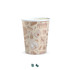 A compostable paper cup in a natural brown colour features various illustrations and has a logo on it.