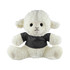 A sheep plush toy in white with a grey shirt, featuring embroidered facial details and soft, fluffy texture.