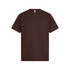 A brown T-shirt with short sleeves and a round neckline, featuring a logo on the tag.