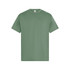 A green men's essential T-shirt features a classic crew neck and short sleeves, with a simple logo on the tag.