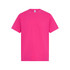 A bright pink T-shirt featuring a classic crew neck and short sleeves, with a branding logo on the label.