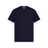 A navy blue T-shirt featuring short sleeves and a crew neckline, with a logo on the label.
