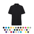 A black polo shirt with a collar, featuring a logo and a variety of colour options below.