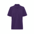 A purple polo shirt with a collar, featuring buttons and a logo on the label.