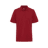 A red men's polo shirt with a collar and three-button placket, featuring a logo on the inside.